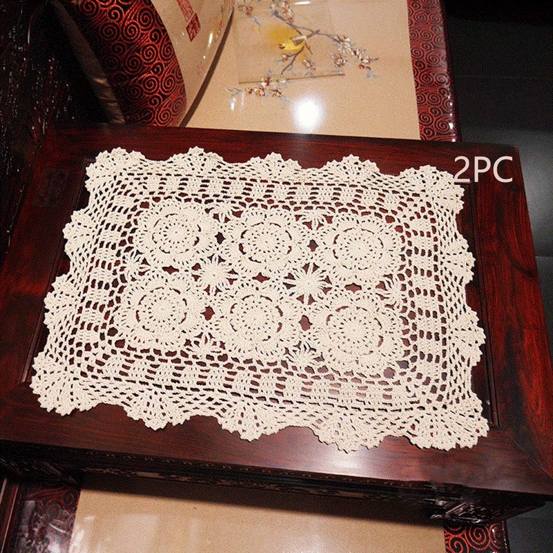 Damanni 15 Inch by 19 Inch Rectangular Cotton Handmade Crochet Lace Table Runner Doilies for Coffee Table Dresser Scarf DÃ©corï¼Œ2PC/Set (15x19 Inch, Beige) - Image 1
